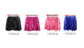 elastic waistband visible; shiny sequin fabric; circle skirt shape; various colours including black, pink, blue;