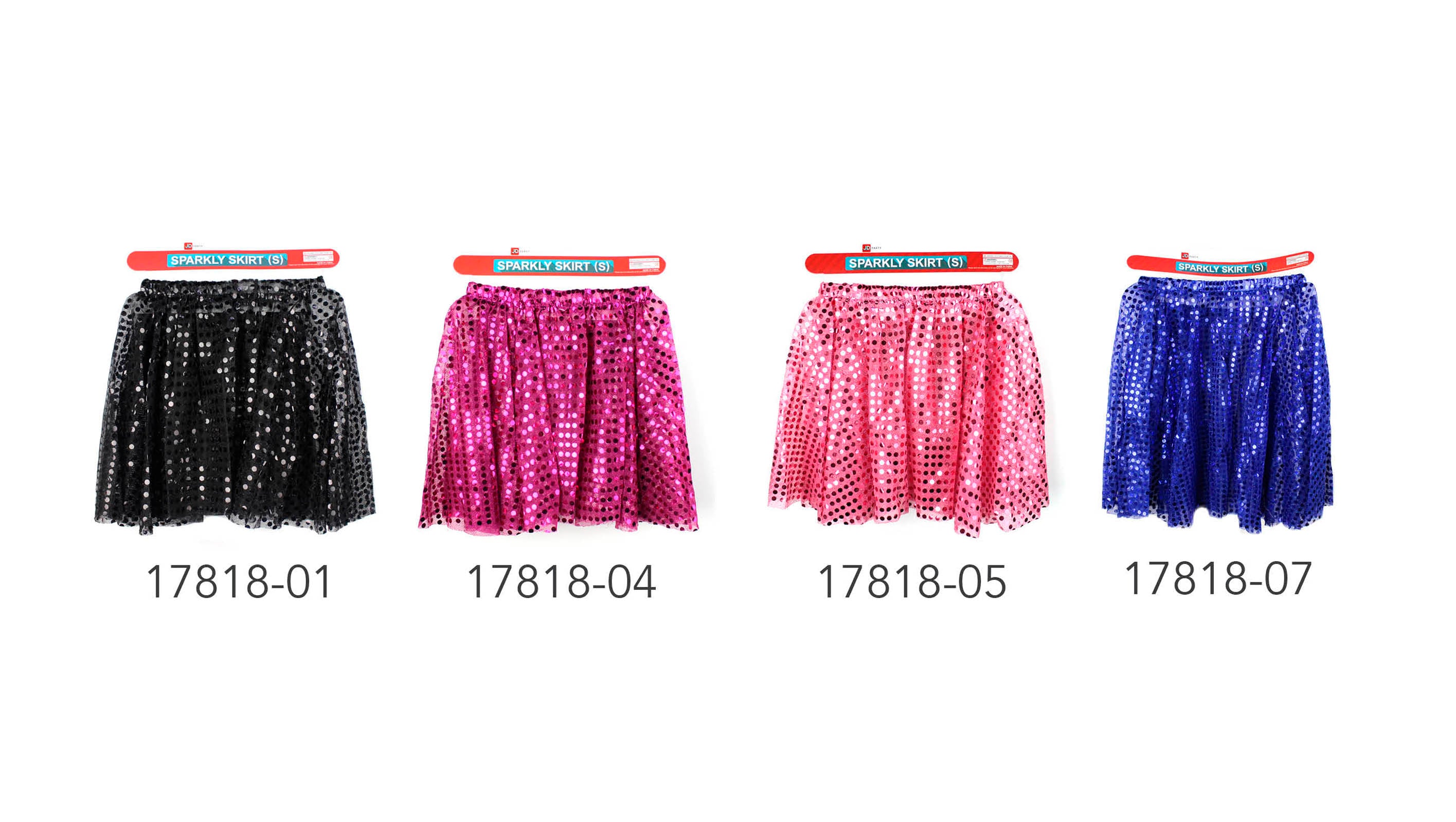 elastic waistband visible; shiny sequin fabric; circle skirt shape; various colours including black, pink, blue;