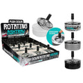 stainless steel top with black push knob; round shape; white and black bases visible; push-down rotating mechanism;