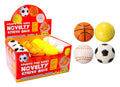 four sports designs: basketball, tennis ball, baseball, soccer ball; bright orange, yellow, white, and black colours; soft squeezable round balls; display box packaging with multiple balls inside;