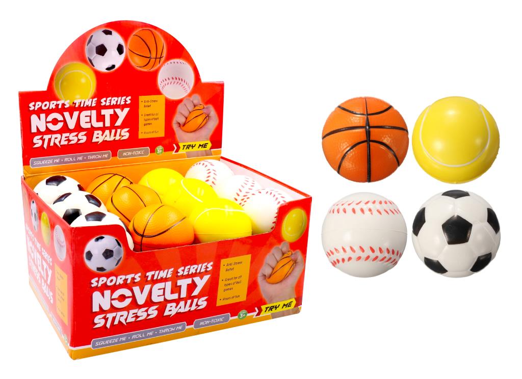 four sports designs: basketball, tennis ball, baseball, soccer ball; bright orange, yellow, white, and black colours; soft squeezable round balls; display box packaging with multiple balls inside;