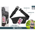black colour; adjustable strap with plastic buckle; zipper closure; headphone hole detail; compact fabric pouch shape;
