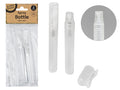 frosted translucent plastic bottles; clear protective caps; fine mist spray nozzle; pack of two in plastic packaging with kraft paper label;