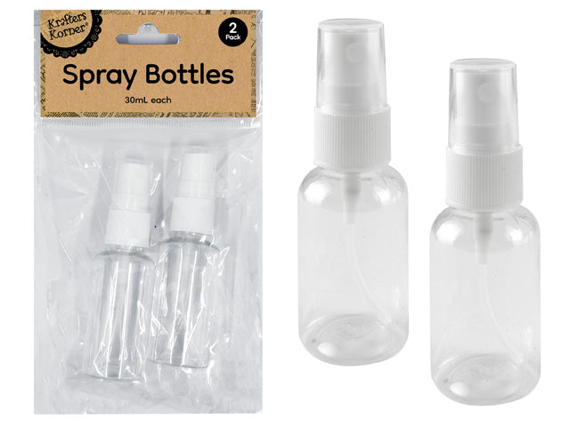 Clear plastic bottles; White spray nozzles; 30ml capacity; Set of 2 bottles in packaging; Compact cylindrical shape;