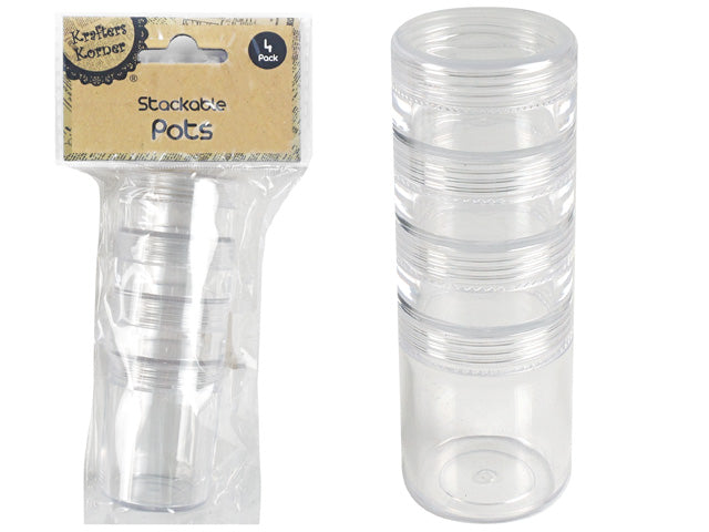 clear round plastic jars; stackable design; screw-on lids; 4 jars per pack;
