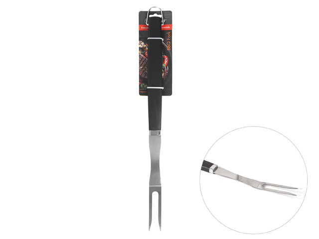 black handle; stainless steel fork prongs; 46cm overall length; two-prong fork design; packaged with hanging card;