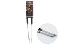 long stainless steel body; black handles; serrated tong tips; packaged on branded card;