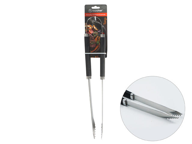 long stainless steel body; black handles; serrated tong tips; packaged on branded card;