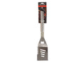 silver stainless steel material; long handle with hanging loop; flat spatula with serrated edge; indented slots on spatula face; packaged with branded cardboard backing;
