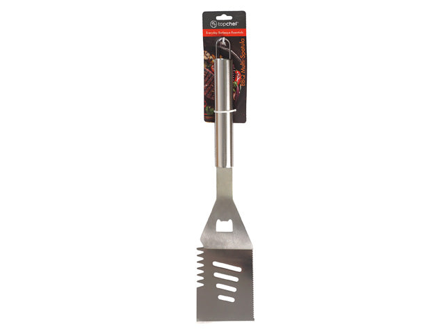 silver stainless steel material; long handle with hanging loop; flat spatula with serrated edge; indented slots on spatula face; packaged with branded cardboard backing;