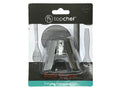 silver stainless steel material; compact stopper shape; packaged on branded Top Chef card; clear plastic blister packaging;
