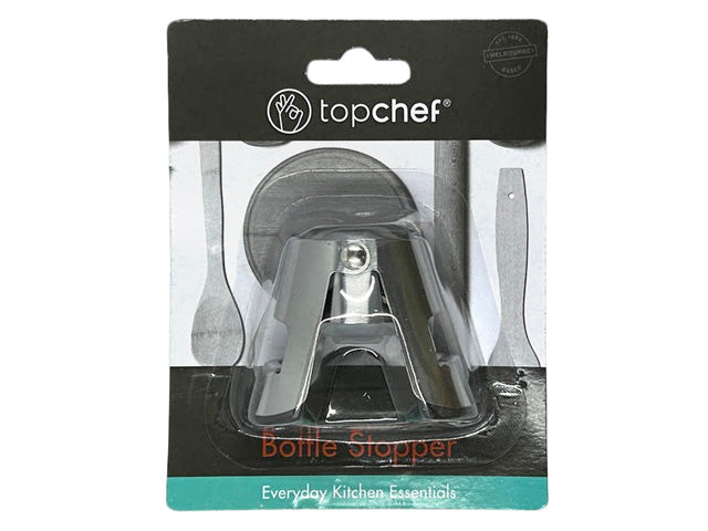 silver stainless steel material; compact stopper shape; packaged on branded Top Chef card; clear plastic blister packaging;