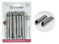 set of 3 metal cannoli moulds; shiny stainless steel surface; packaging labeled 'topchef'; compact tube shape;