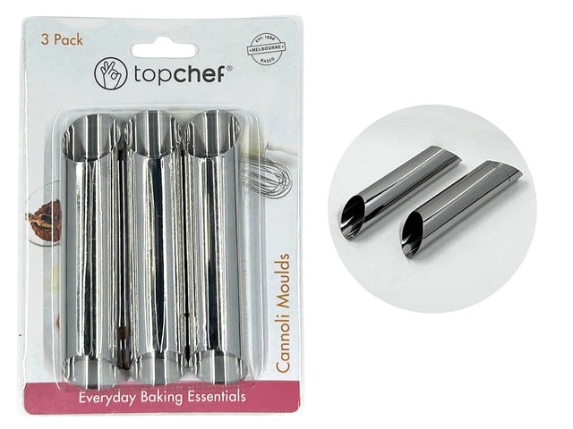 set of 3 metal cannoli moulds; shiny stainless steel surface; packaging labeled 'topchef'; compact tube shape;