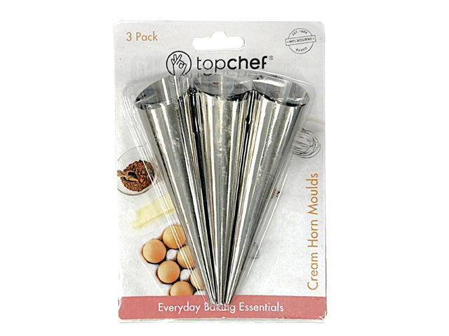 three conical stainless steel moulds; shiny metallic finish; packaged on a cardboard backing; labelled 'topchef' brand; cream horn mould text on packaging;
