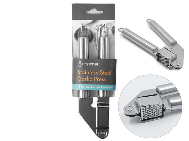 silver stainless steel finish; 19cm length; perforated pressing plate; hinged handles; packaged with label;