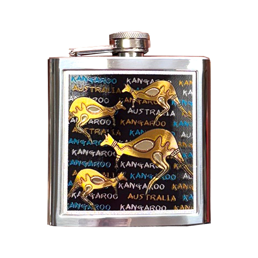 stainless steel material; square shape; decorative kangaroo artwork; black background with colourful text; metal screw cap;