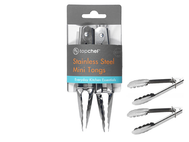 silver stainless steel material; miniature tong size; set of 2 tongs in packaging; scalloped tong edges;