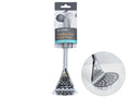 silver stainless steel material; triangular mashing head with round holes; long straight handle; product on branded hanging card packaging;