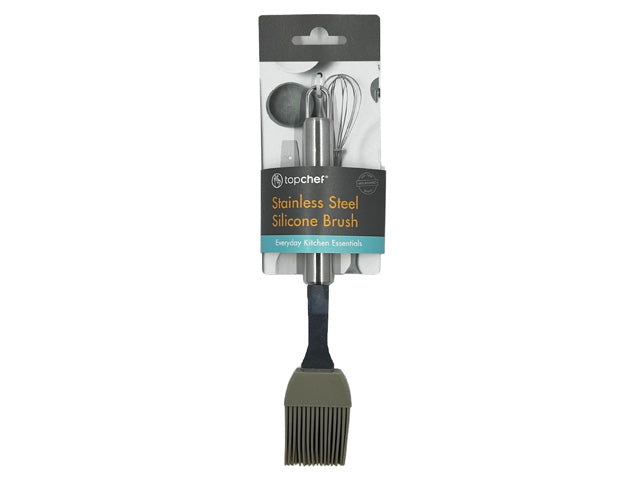 grey silicone bristles; stainless steel handle; compact brush size; packaged with branded cardboard backing;