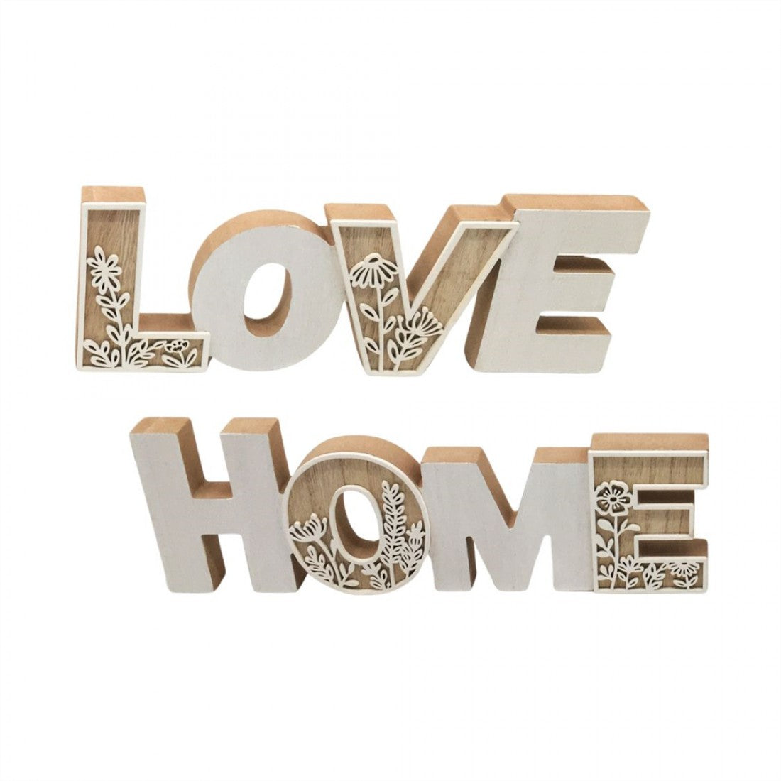 Two separate standing word signs: LOVE and HOME; Natural light wood with white painted fronts; Floral cut-out pattern on some letters; Block-style letters with flat bases for freestanding display;
