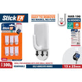 white plastic hooks; 6 hooks per pack; rectangular base with round hook; printed arrows on removable tab; packaging displays product and usage;