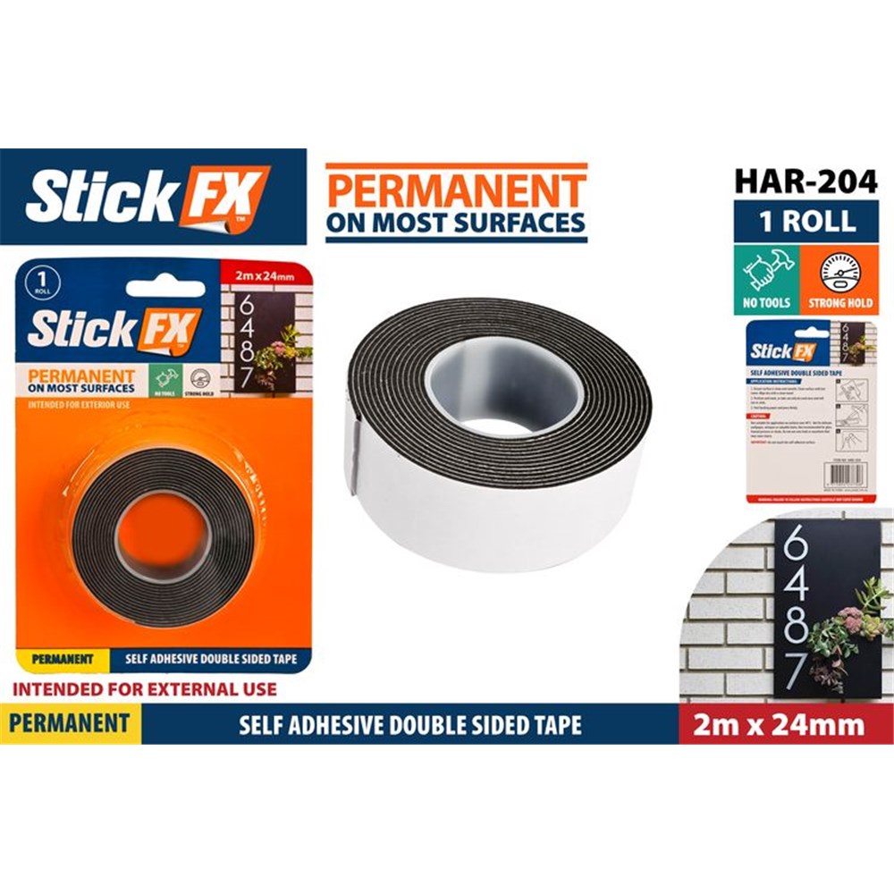 black double sided tape roll; 24mm width and 2m length; packaged in orange Stick FX branded card; label states permanent hold on most surfaces; intended for external use;