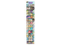 tall, slim rectangular display stand; multiple rows and columns of sticker books; bright blue header sign with 'STICKER BOOKS' text; varied colourful sticker book covers visible; stand designed to hold and showcase sticker books;