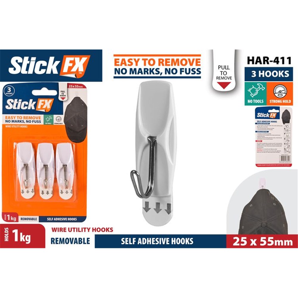 3 white hooks on orange blister pack; hooks have wire loop design; hooks measure approximately 25 x 55mm; packaging shows easy pull-to-remove tab; hooks hold 1kg as printed;