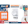 White plastic square base hooks; Self-adhesive backing with pull tab for removal; Pack of six hooks in blister packaging; Hook size approximately 25x25mm; Hooks hold small items like keys;