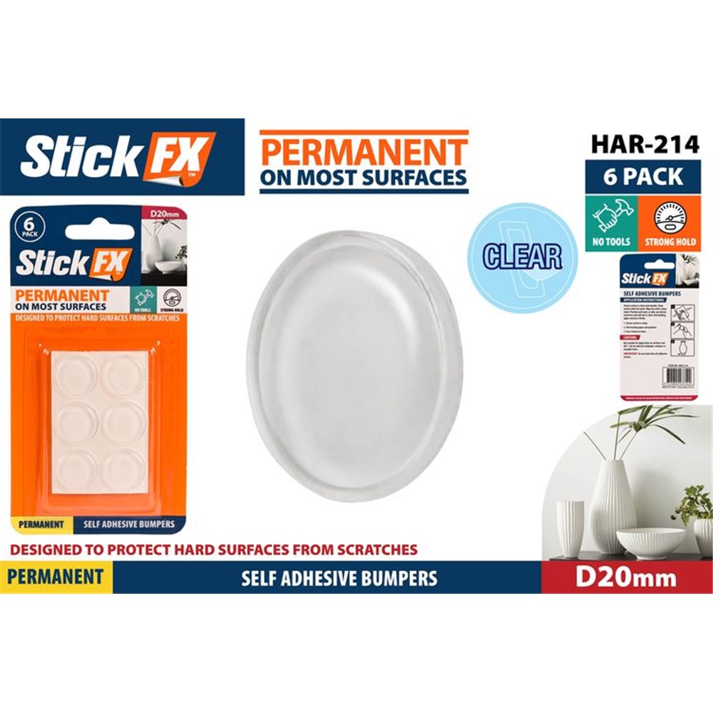 clear round bumpers; 20mm diameter; pack of 6; blister packaging with blue and orange StickFX branding;