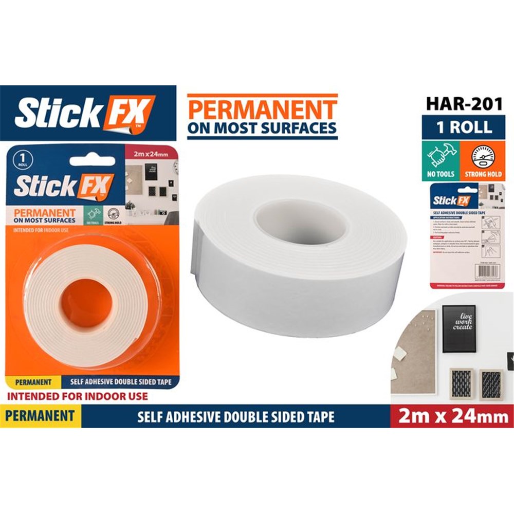white foam tape roll; packaged with orange and blue branding; label shows 24mm width and 2m length; intended for indoor use; self adhesive double sided;