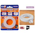 clear double sided tape roll; blue and orange branded packaging; tape width approx 10mm; roll length 10 metres; instructions illustrations on packaging;