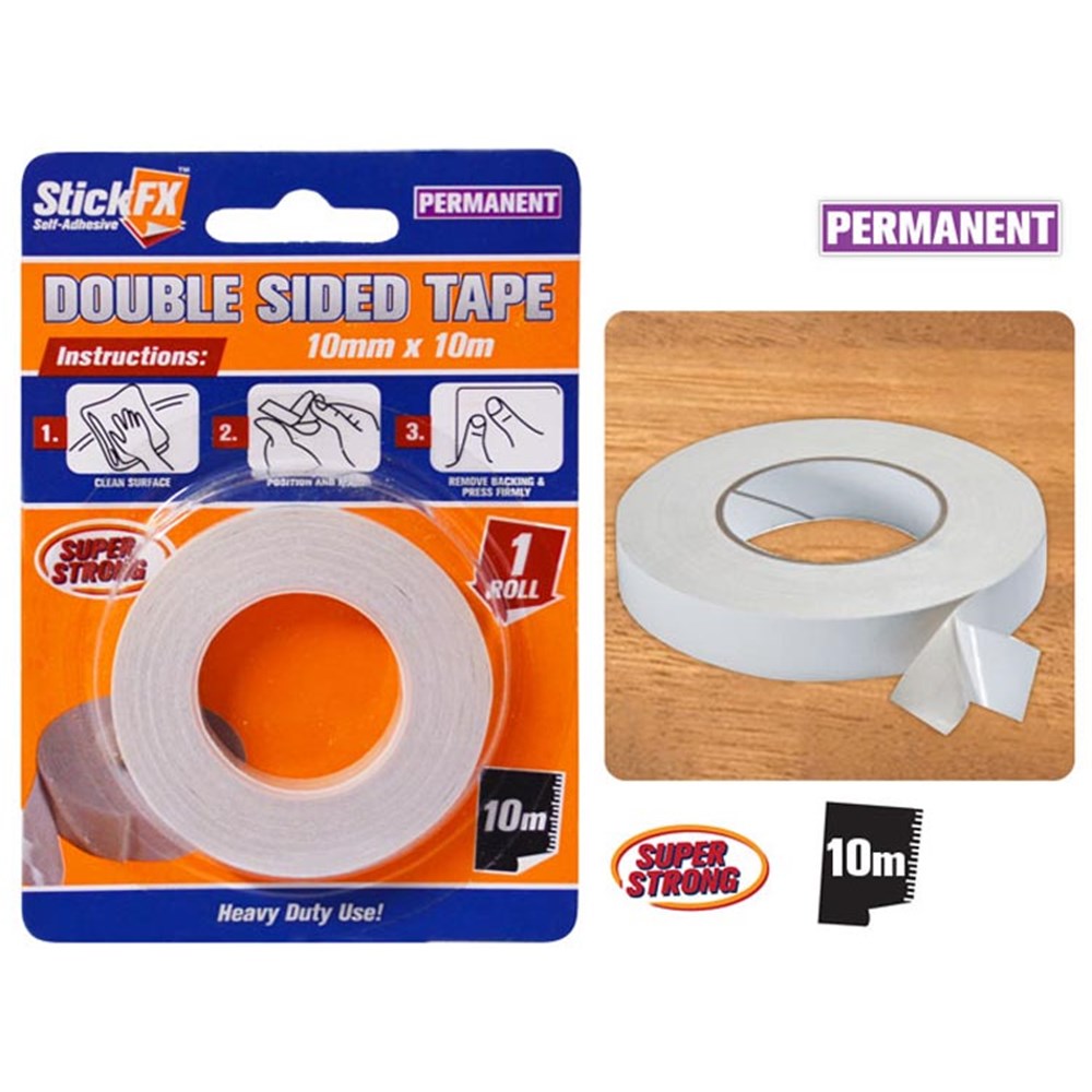 clear double sided tape roll; blue and orange branded packaging; tape width approx 10mm; roll length 10 metres; instructions illustrations on packaging;