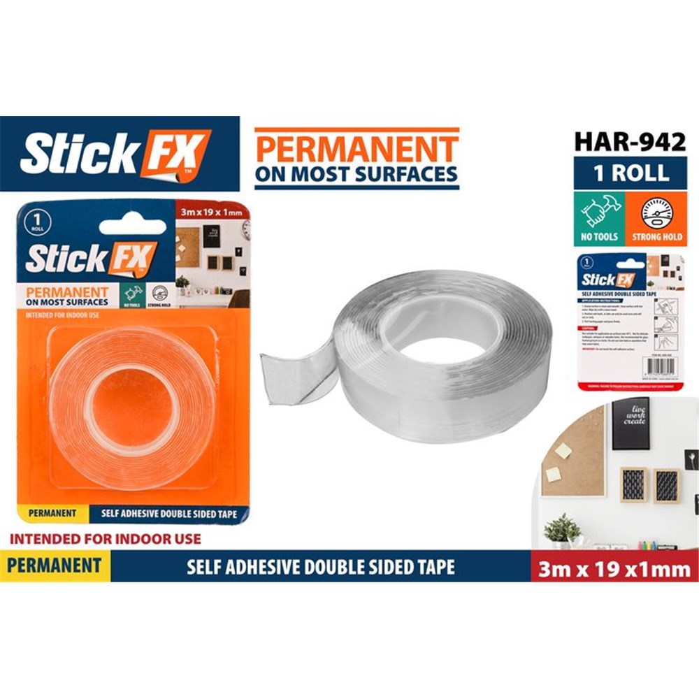 clear transparent tape roll; 19mm width; 3 metre length; orange and blue packaging; printed product information on packaging;