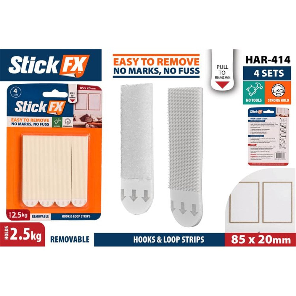 4 beige rectangular strips in packaging; hook and loop fastener texture visible; packaging shows measured size 85 x 20 mm; text on packaging highlights easy removal and no marks; packaging includes brand StickFX;