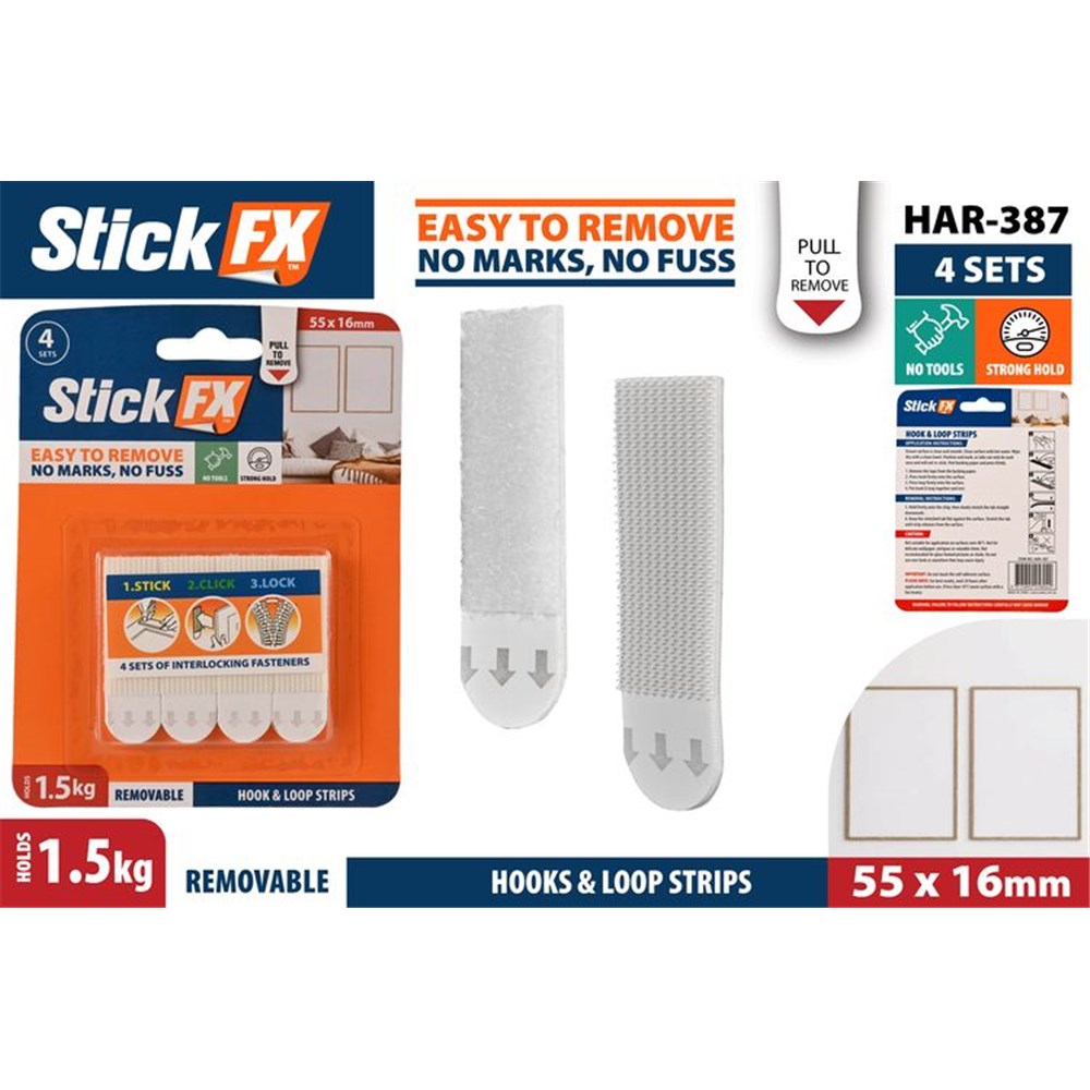 Orange and blue branded packaging; Four white hook and loop strips; Hook and loop fasteners with pull tab; Text showing size 55 x 16mm; Label showing holds 1.5kg;