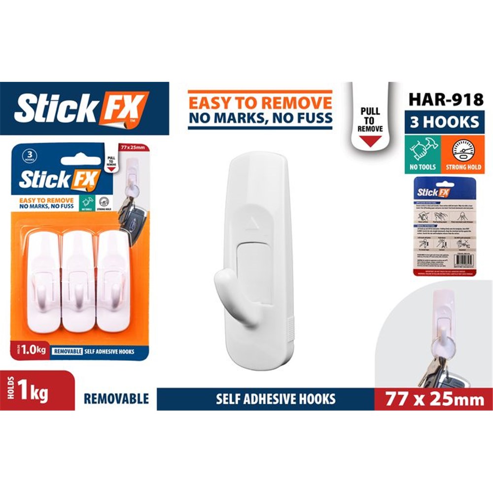white plastic hooks; 3 pieces in set; self-adhesive backing; compact size 77x25mm; key example shown hanging;