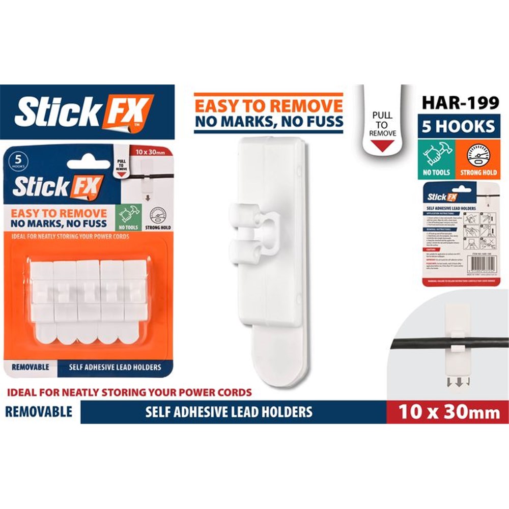 white plastic holders; 5 hooks per pack; self-adhesive backing; compact rectangular shape; holds round cables;