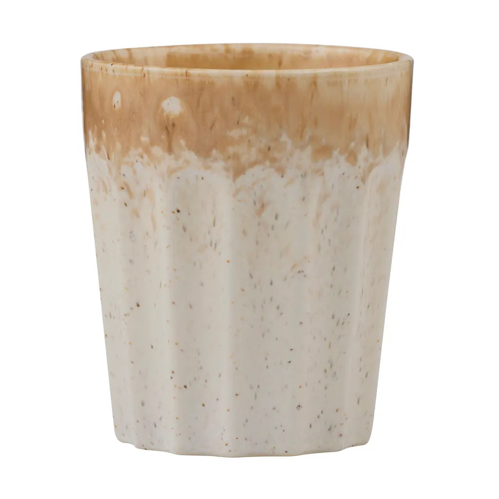 nougat colour gradient from top to bottom; speckled ceramic material; textured vertical ridges on cup surface; cup size approx 8x9cm; capacity 250ml;