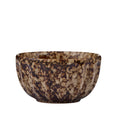 cocoa brown speckled pattern; ceramic material with glazed finish; round shape with fluted sides; approximately 11cm diameter and 6cm height;