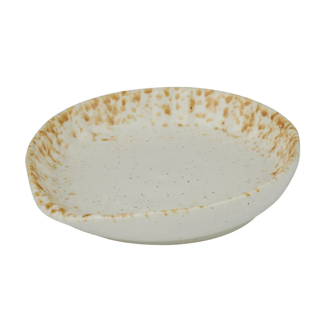 nougat speckled ceramic finish; oval shape with raised edges; small size, 13.3cm length; smooth glazed surface;