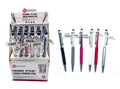Assorted pen body colours including black, grey, pink, white, red, silver; Clear upper section with decorative crystals; Black rubber stylus tip on top; Silver metal clip and pen tip; Display box packaging with 24 pens;
