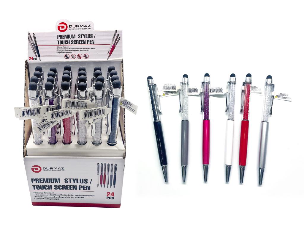 Assorted pen body colours including black, grey, pink, white, red, silver; Clear upper section with decorative crystals; Black rubber stylus tip on top; Silver metal clip and pen tip; Display box packaging with 24 pens;