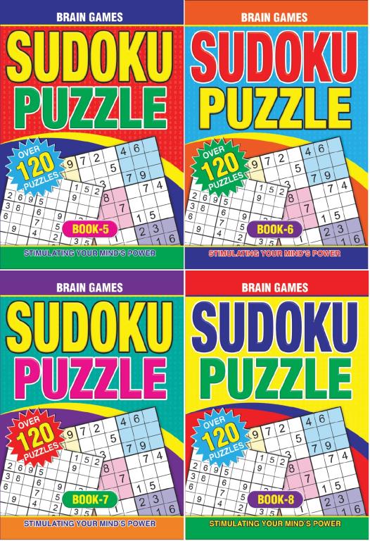Bright, colourful covers with bold 'Sudoku Puzzle' lettering; Each book labelled as Book-5, Book-6, Book-7, Book-8; Over 120 puzzles stated on front cover; A4 size format; Large print Sudoku grids displayed on covers;