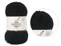 black colour yarn; soft thick yarn texture; labelled with "BASICS SUPER BLEND"; wrapped ball shape; white and black printed label;