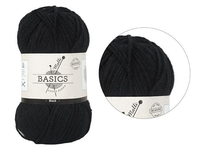 black colour yarn; soft thick yarn texture; labelled with "BASICS SUPER BLEND"; wrapped ball shape; white and black printed label;
