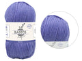 Blue iris colour; Thick, twisted yarn strands; Label with 'Basics Super Blend' text; Oval-shaped yarn skein;