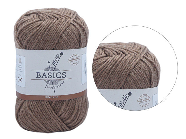 cafe latte colour; twisted yarn skein; white label with brown stripe; label text includes 'BASICS' and 'Melbourne';