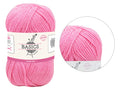 Candy pink colour; Medium weight yarn strands; Paper label with knitting needle graphic; Label states 'BASICS' and 'Candy Pink';